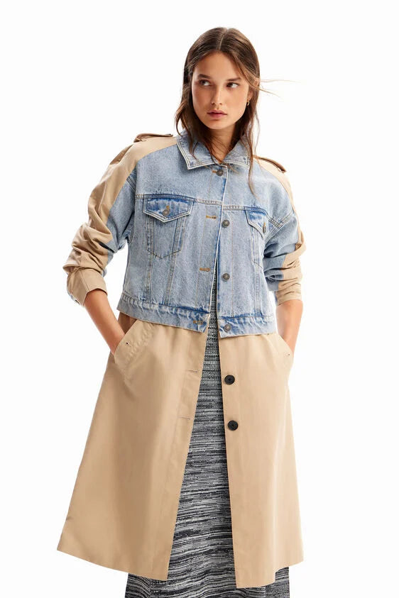 desigual shorlock trench coat in half denim trucker jacket