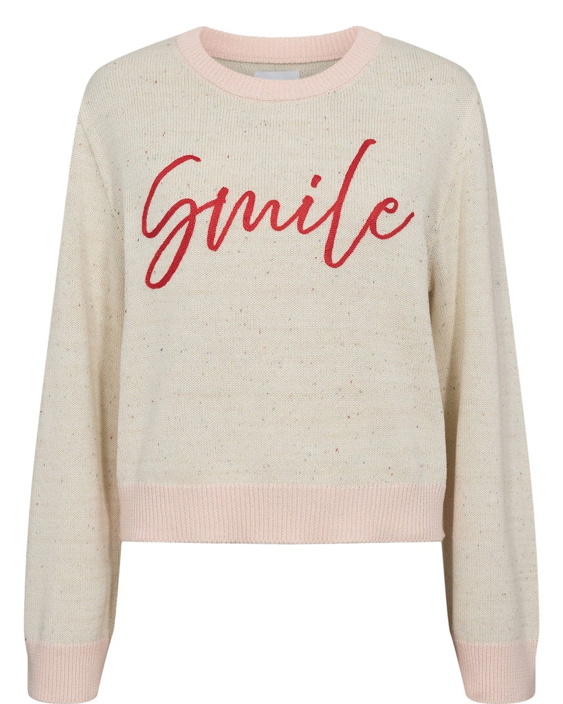 A gorgeous round neck knit from Scandi brand NUMPH. A cotton mix piece in a cream base with a fleck throughout. The cuffs, neckline and hem have pale pink tipping to finish. A great Summer knit.