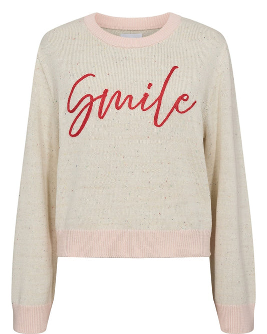 A gorgeous round neck knit from Scandi brand NUMPH. A cotton mix piece in a cream base with a fleck throughout. The cuffs, neckline and hem have pale pink tipping to finish. A great Summer knit.
