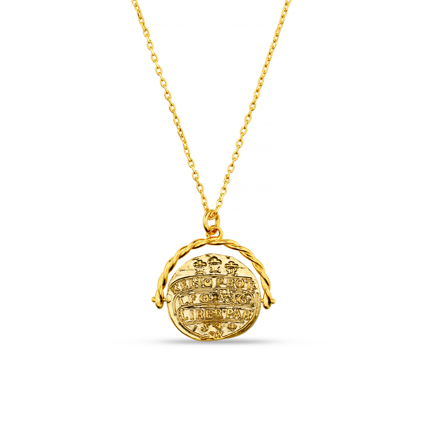 Our Coin Spinner Necklace from ORELIA LONDON is the perfect piece to add to your collection. Stack with others or wear alone, this Roman gold coin necklace is an easy to style classic. This timeless piece features a detailed spinning medallion coin pendant with a Roman statue design, on a gold plated chain with twisted rope textured arc.