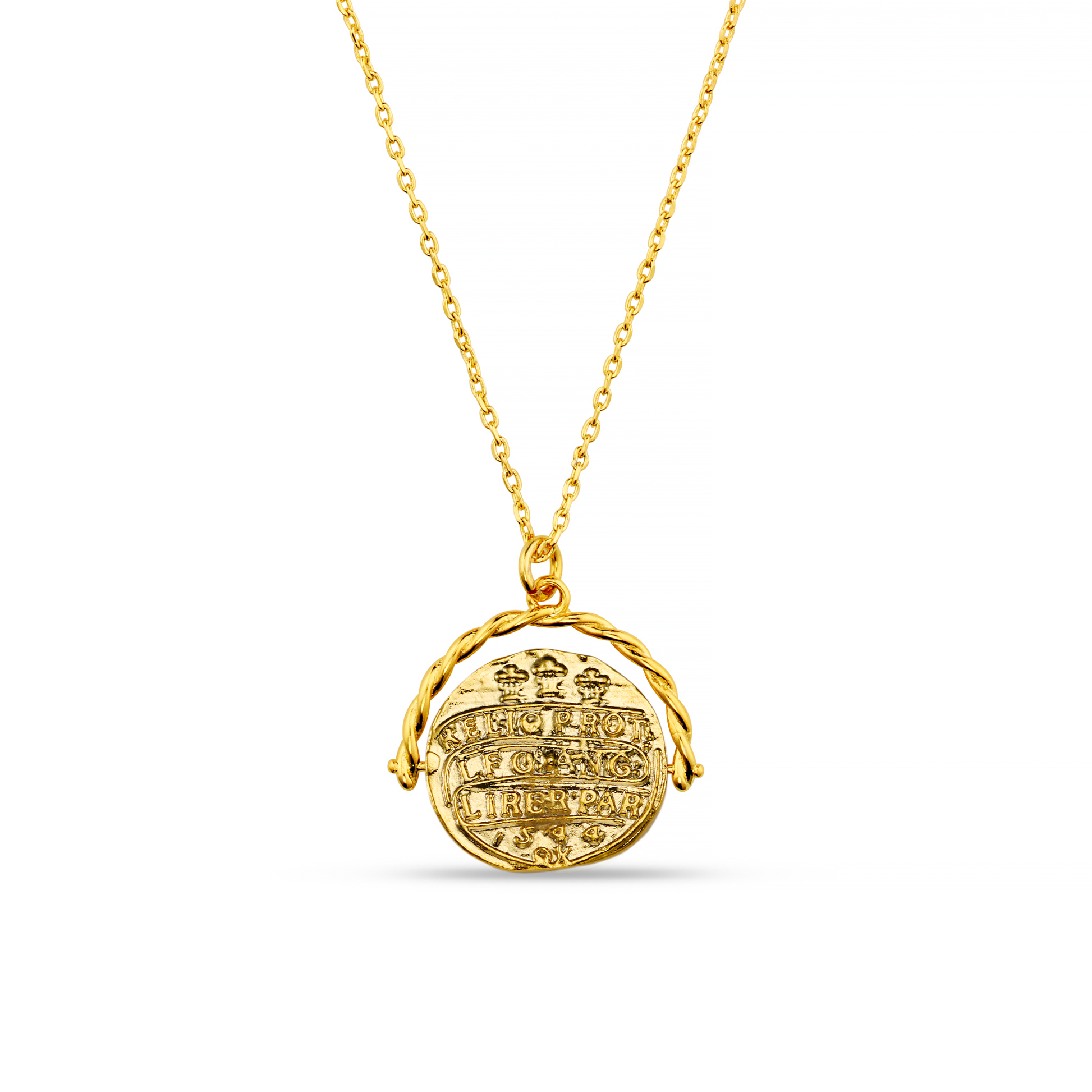 Our Coin Spinner Necklace from ORELIA LONDON is the perfect piece to add to your collection. Stack with others or wear alone, this Roman gold coin necklace is an easy to style classic. This timeless piece features a detailed spinning medallion coin pendant with a Roman statue design, on a gold plated chain with twisted rope textured arc.