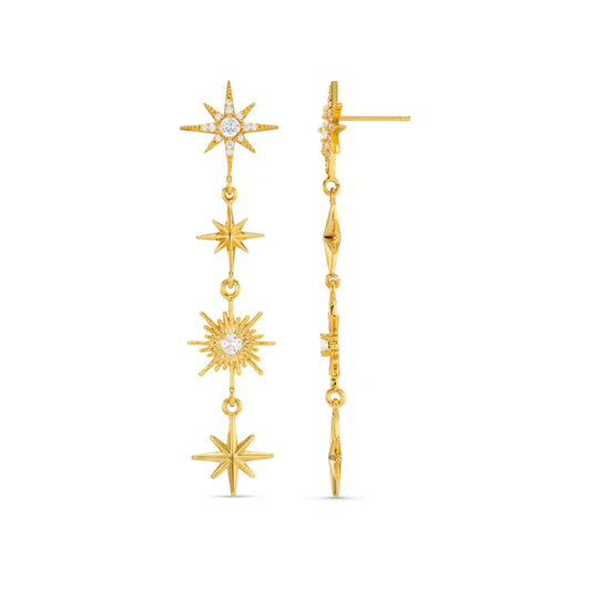 The Statement Crystal Starburst Long Drop Earrings. Sparkling crystal starbursts suspended across elegant drops for maximum impact. Designed to catch the light with every movement. Style with a sleek hairstyle or simple neckline to keep the focus on the earrings.