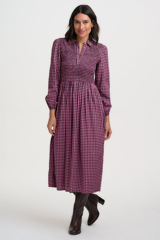 SUGARHILL "Diana Shirred Midi Dress" (Rose Micro Gingham) - ClobR