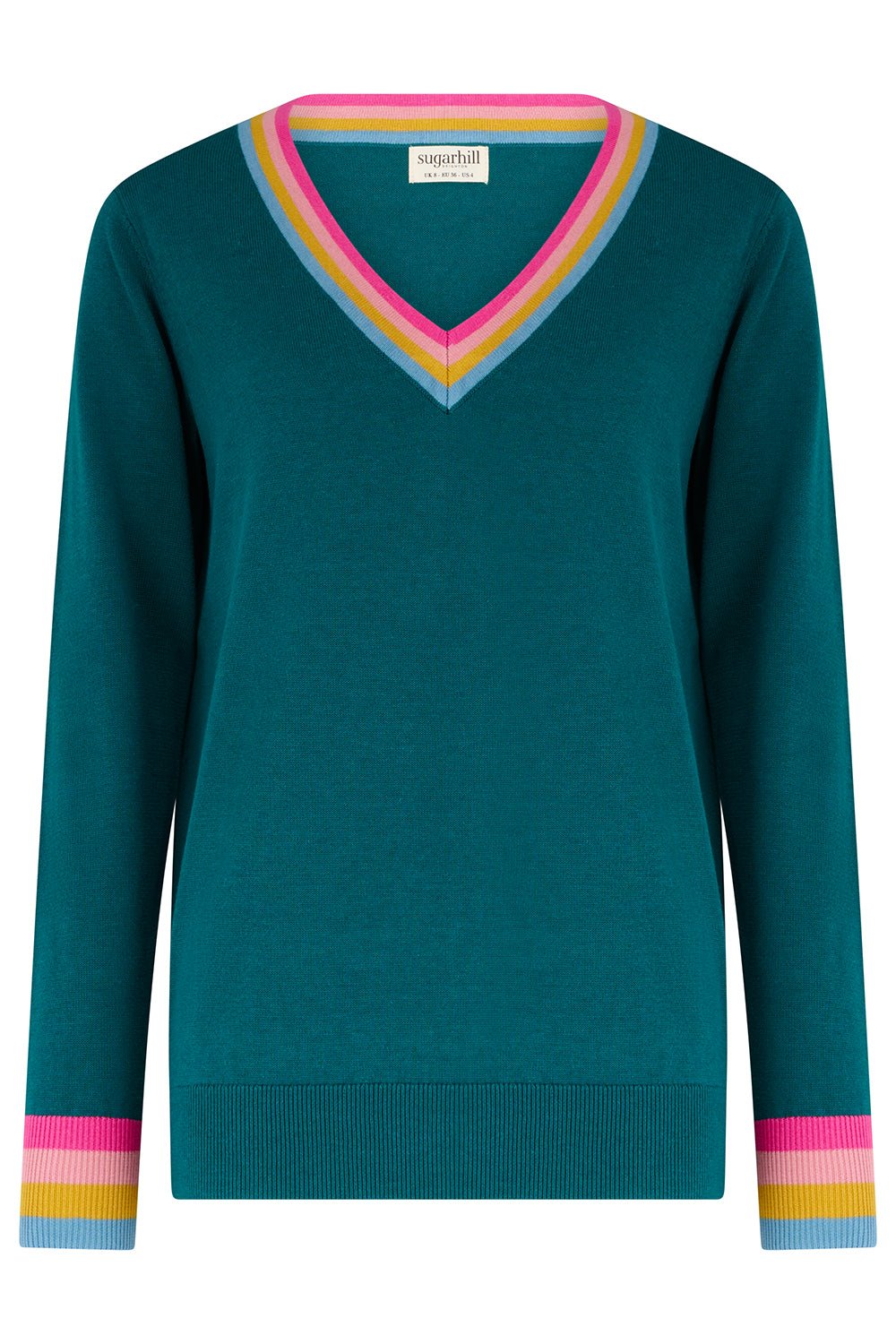 SUGARHILL "Doris V Neck Jumper " (Teal Rainbow Stripe) - ClobR