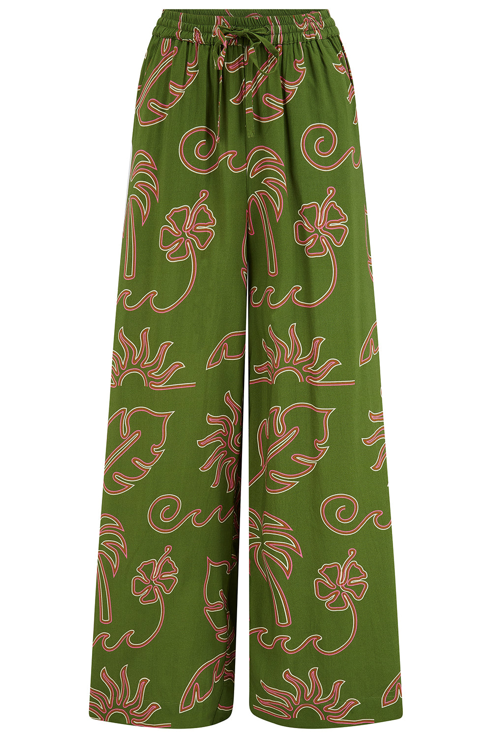 Say hello to the Trinny Wide Leg Trousers from SUGARHILL — flowing, relaxed, and utterly holiday-ready, these wide leg trousers are the kind of piece you'll reach for again and again all season long. Featuring a bold olive green and pink tropical outline print, the Trinny trousers bring a pulled-together, coordinated feel, whether worn as part of the full set or mixed back with a simple tee or fitted knit. The elasticated high waist with a drawstring tie keeps the fit comfortable and adjustable, while deep 