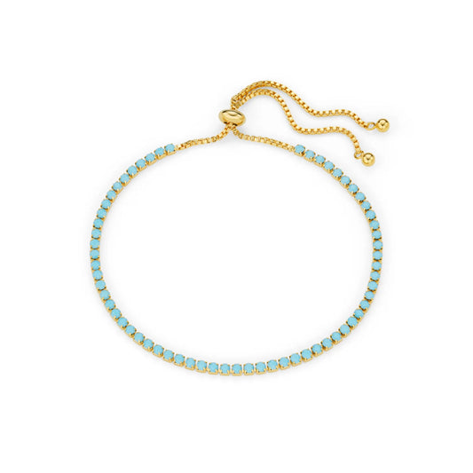 Add a pop of colour to your wrist with the Fine Turquoise Tennis Slider Bracelet from ORELIA. Featuring vibrant turquoise pavé crystals set in a sleek, minimalist chain. The adjustable slider ensures a perfect fit, making it comfortable and versatile for any occasion. A timeless piece that effortlessly enhances any outfit.