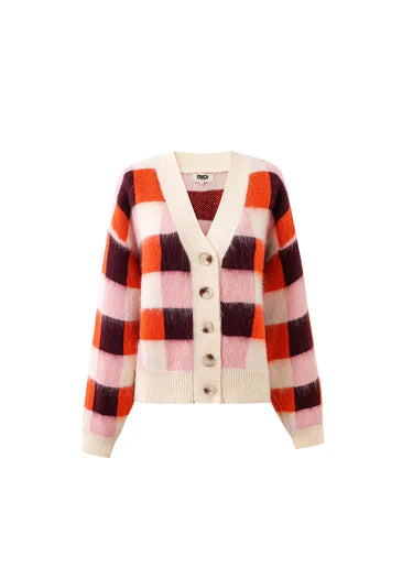 A stunning piece of knitwear from Parisian brand FRNCH in a bold check. A boxy V neck piece is a striking colour combination. The long sleeves have a ribbed cuff in cream and the front of the cardigan is trimmed in the same colour. The fit is true to size.
