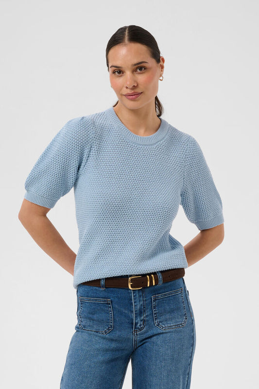 Knitted top from KAFFE with a subtle textured finish, featuring short sleeves and a classic straight fit. Crew neckline and ribbed edges create a clean, modern silhouette that pairs with any style. The fit is true to size.