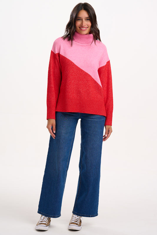 SUGARHILL "Winona Roll Neck Jumper" (Pink/Read Colour Block)