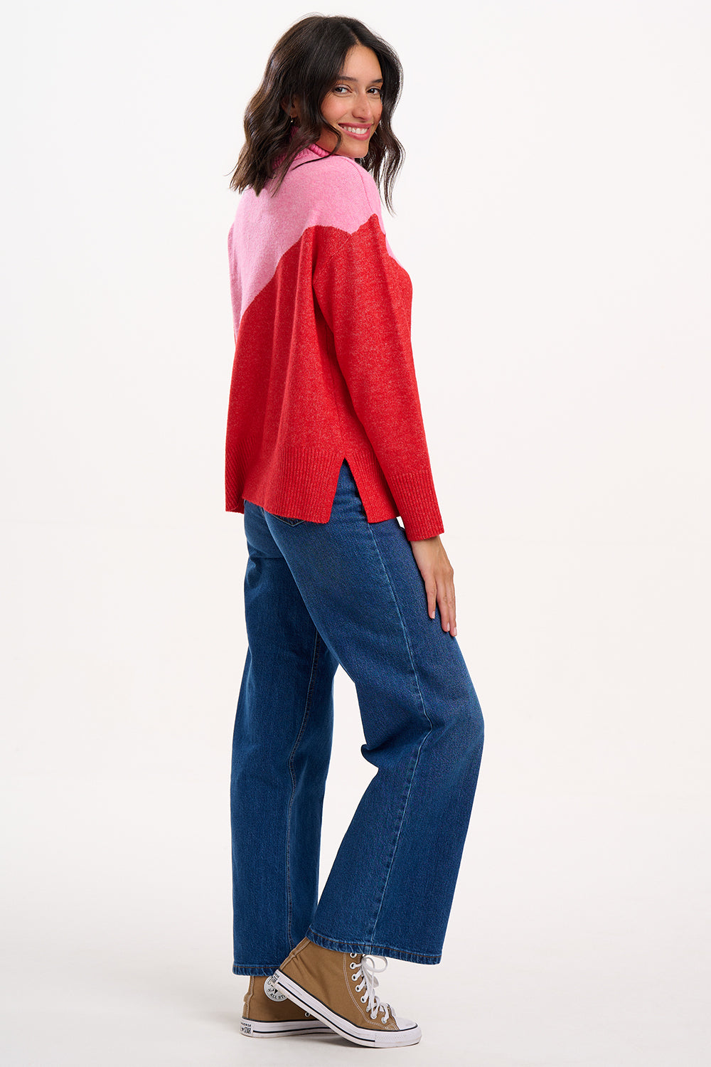 SUGARHILL "Winona Roll Neck Jumper" (Pink/Read Colour Block)